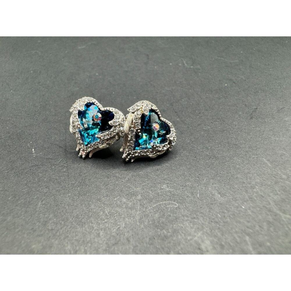 925 Sterling Silver Blue Topaz Clear Crystals Angel Wings Heart Stud Earrings